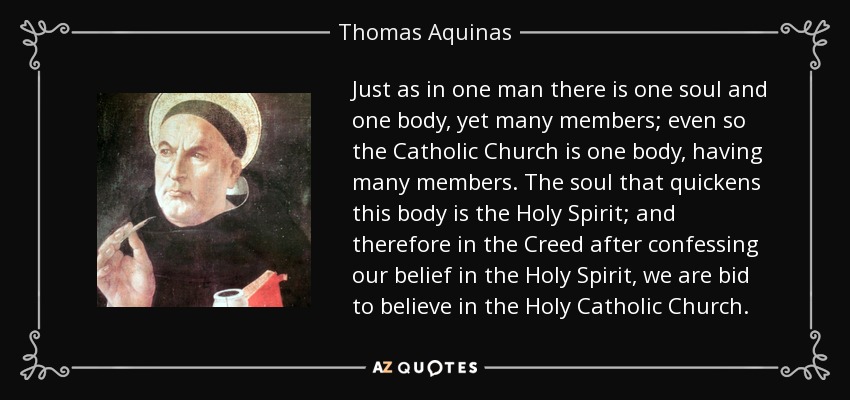 Just as in one man there is one soul and one body, yet many members; even so the Catholic Church is one body, having many members. The soul that quickens this body is the Holy Spirit; and therefore in the Creed after confessing our belief in the Holy Spirit, we are bid to believe in the Holy Catholic Church. - Thomas Aquinas