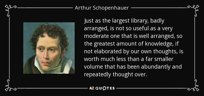 Just as the largest library, badly arranged, is not so useful as a very moderate one that is well arranged, so the greatest amount of knowledge, if not elaborated by our own thoughts, is worth much less than a far smaller volume that has been abundantly and repeatedly thought over. - Arthur Schopenhauer