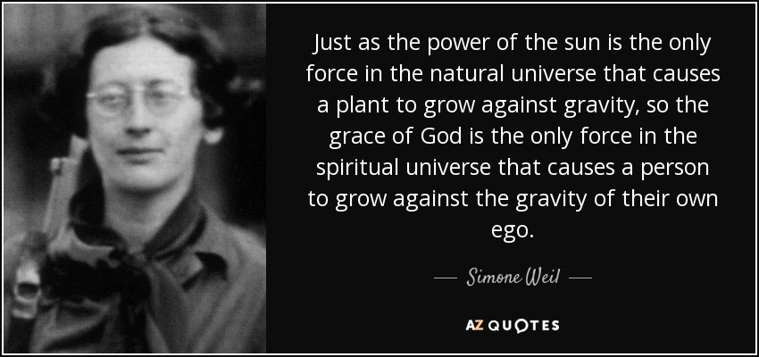 Just as the power of the sun is the only force in the natural universe that causes a plant to grow against gravity, so the grace of God is the only force in the spiritual universe that causes a person to grow against the gravity of their own ego. - Simone Weil