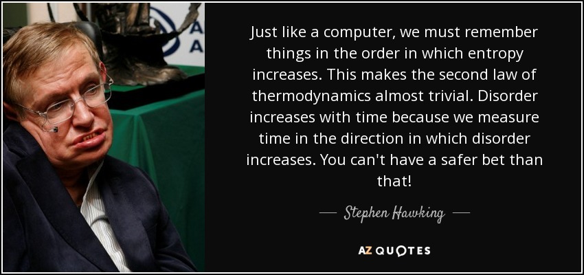 Just like a computer, we must remember things in the order in which entropy increases. This makes the second law of thermodynamics almost trivial. Disorder increases with time because we measure time in the direction in which disorder increases. You can't have a safer bet than that! - Stephen Hawking