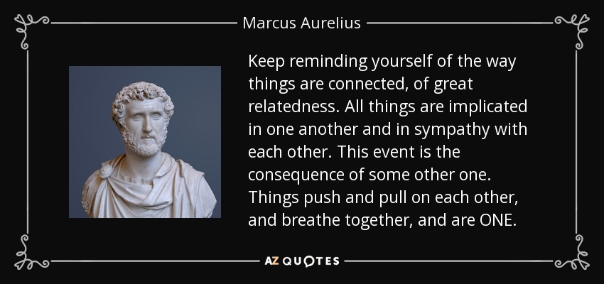 Keep reminding yourself of the way things are connected, of great relatedness. All things are implicated in one another and in sympathy with each other. This event is the consequence of some other one. Things push and pull on each other, and breathe together, and are ONE. - Marcus Aurelius