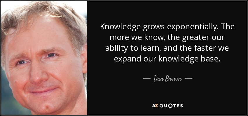 Knowledge grows exponentially. The more we know, the greater our ability to learn, and the faster we expand our knowledge base. - Dan Brown