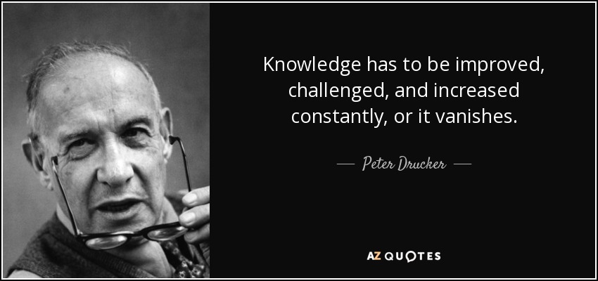 Peter Drucker quote: Knowledge has to be improved, challenged, and ...
