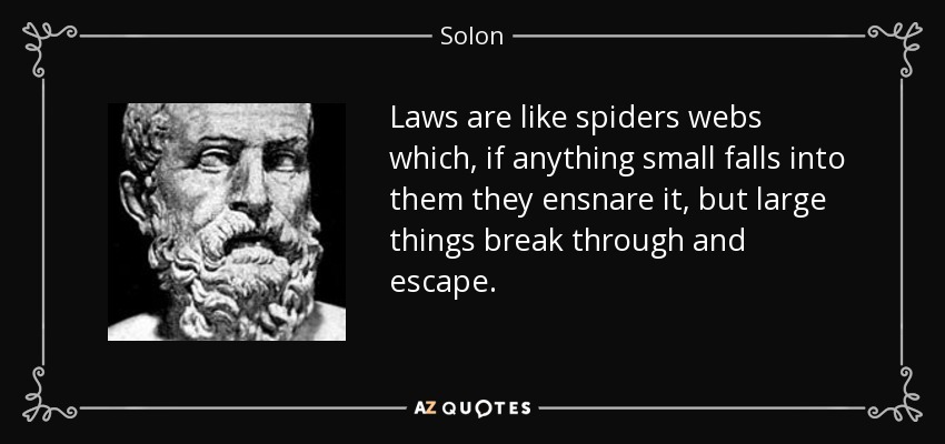 Laws are like spiders webs which, if anything small falls into them they ensnare it, but large things break through and escape. - Solon