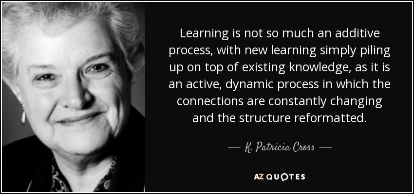 Learning is not so much an additive process, with new learning simply piling up on top of existing knowledge, as it is an active, dynamic process in which the connections are constantly changing and the structure reformatted. - K. Patricia Cross