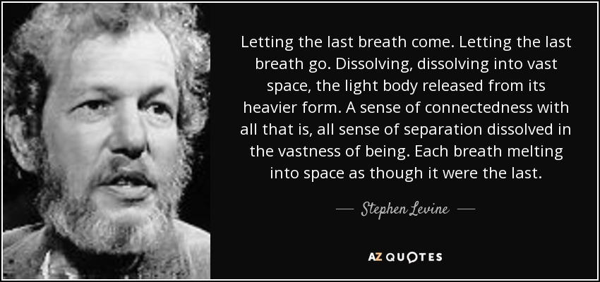 Letting the last breath come. Letting the last breath go. Dissolving, dissolving into vast space, the light body released from its heavier form. A sense of connectedness with all that is, all sense of separation dissolved in the vastness of being. Each breath melting into space as though it were the last. - Stephen Levine