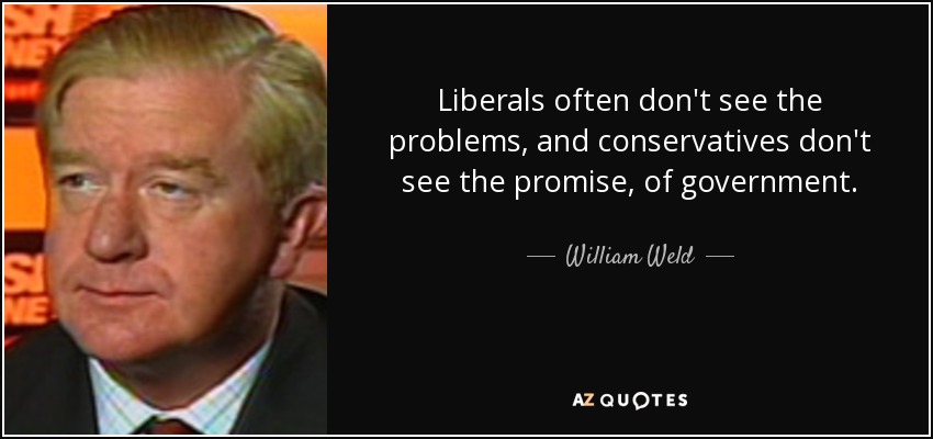 Liberals often don't see the problems, and conservatives don't see the promise, of government. - William Weld