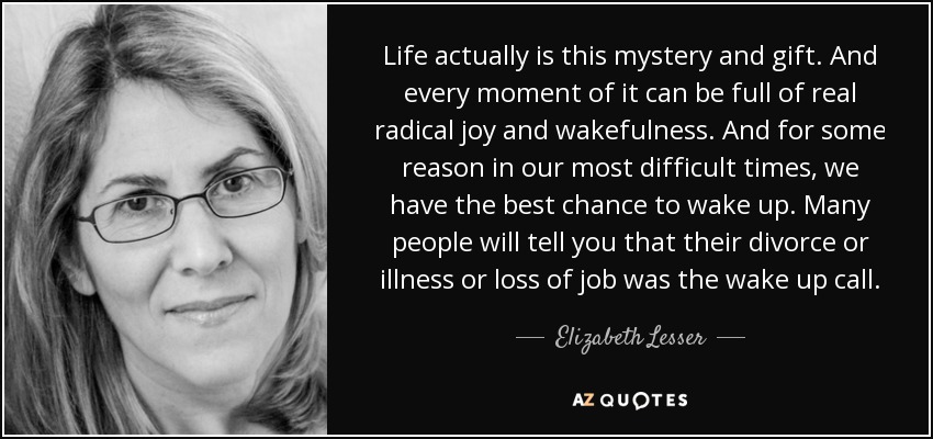 Life actually is this mystery and gift. And every moment of it can be full of real radical joy and wakefulness. And for some reason in our most difficult times, we have the best chance to wake up. Many people will tell you that their divorce or illness or loss of job was the wake up call. - Elizabeth Lesser