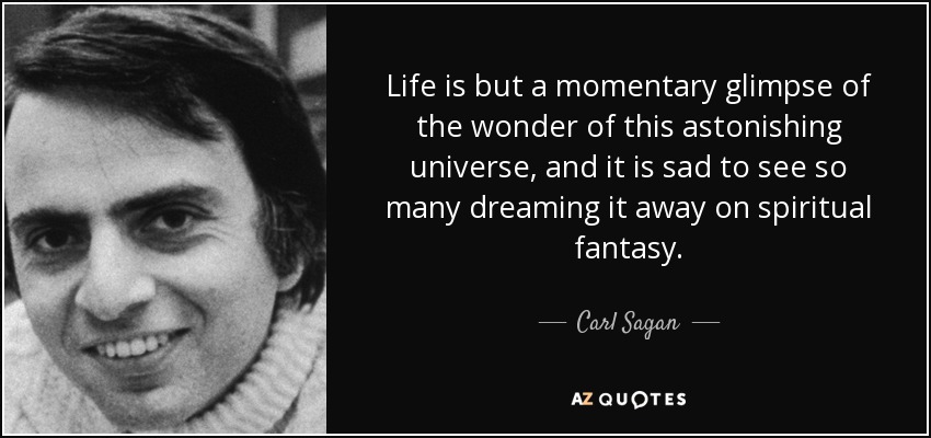 Life is but a momentary glimpse of the wonder of this astonishing universe, and it is sad to see so many dreaming it away on spiritual fantasy. - Carl Sagan