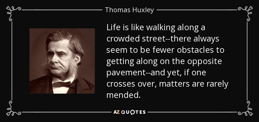 Life is like walking along a crowded street--there always seem to be fewer obstacles to getting along on the opposite pavement--and yet, if one crosses over, matters are rarely mended. - Thomas Huxley