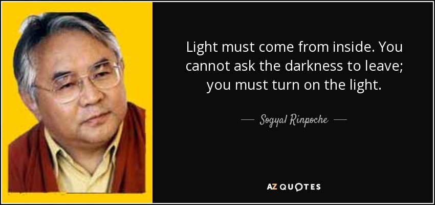 Light must come from inside. You cannot ask the darkness to leave; you must turn on the light. - Sogyal Rinpoche