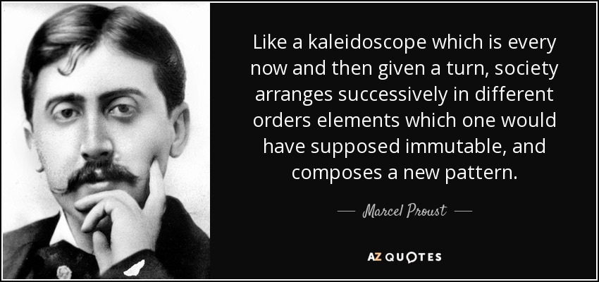 Like a kaleidoscope which is every now and then given a turn, society arranges successively in different orders elements which one would have supposed immutable, and composes a new pattern. - Marcel Proust