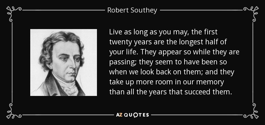 Live as long as you may, the first twenty years are the longest half of your life. They appear so while they are passing; they seem to have been so when we look back on them; and they take up more room in our memory than all the years that succeed them. - Robert Southey
