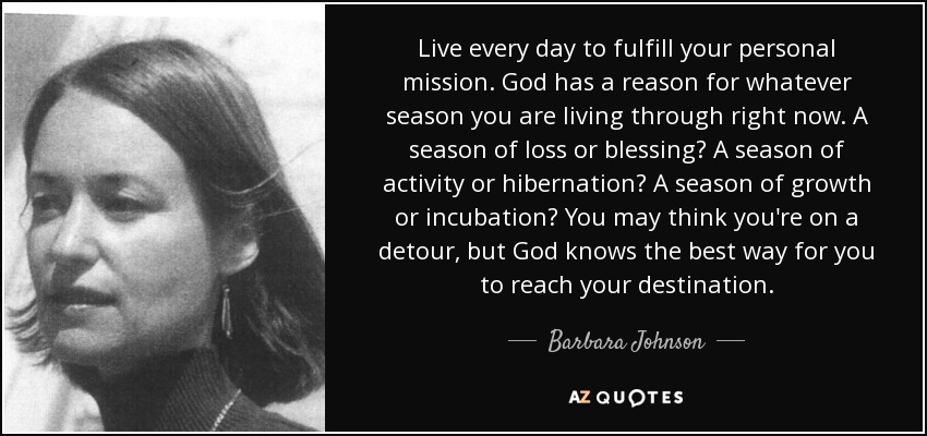 Live every day to fulfill your personal mission. God has a reason for whatever season you are living through right now. A season of loss or blessing? A season of activity or hibernation? A season of growth or incubation? You may think you're on a detour, but God knows the best way for you to reach your destination. - Barbara Johnson