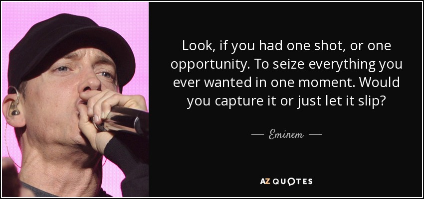 Look, if you had one shot, or one opportunity. To seize everything you ever wanted in one moment. Would you capture it or just let it slip? - Eminem