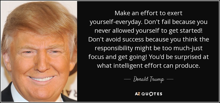 Make an effort to exert yourself-everyday. Don't fail because you never allowed yourself to get started! Don't avoid success because you think the responsibility might be too much-just focus and get going! You'd be surprised at what intelligent effort can produce. - Donald Trump