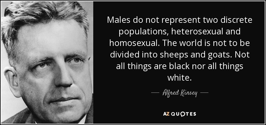Males do not represent two discrete populations, heterosexual and homosexual. The world is not to be divided into sheeps and goats. Not all things are black nor all things white. - Alfred Kinsey