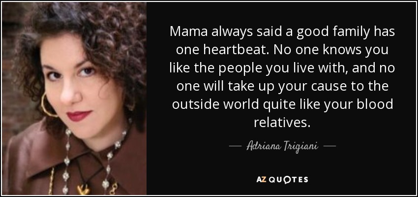 Mama always said a good family has one heartbeat. No one knows you like the people you live with, and no one will take up your cause to the outside world quite like your blood relatives. - Adriana Trigiani