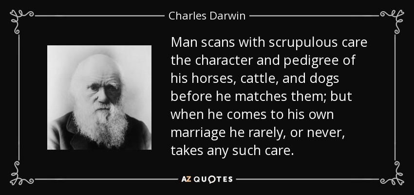 Man scans with scrupulous care the character and pedigree of his horses, cattle, and dogs before he matches them; but when he comes to his own marriage he rarely, or never, takes any such care. - Charles Darwin