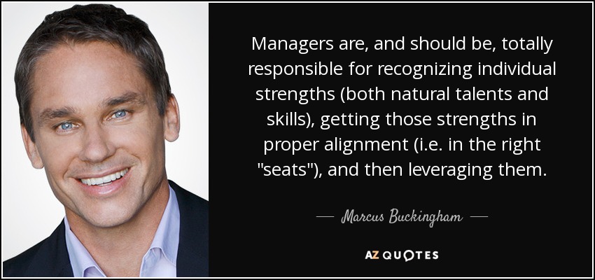 Managers are, and should be, totally responsible for recognizing individual strengths (both natural talents and skills), getting those strengths in proper alignment (i.e. in the right 