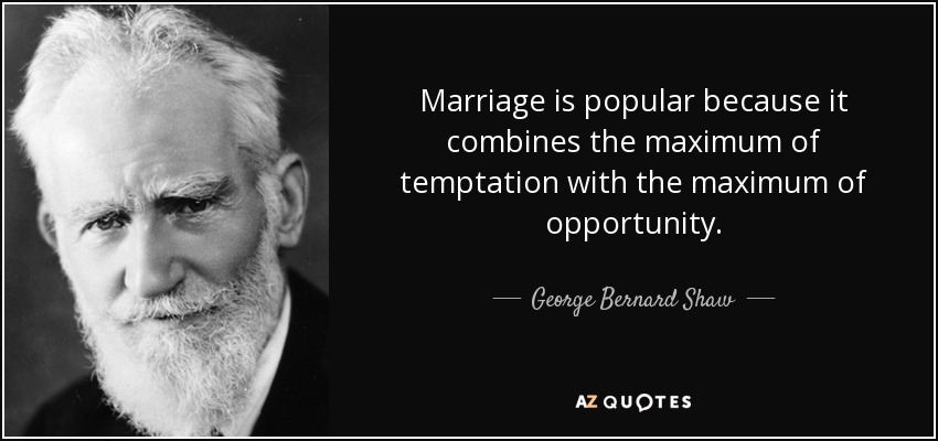 Marriage is popular because it combines the maximum of temptation with the maximum of opportunity. - George Bernard Shaw