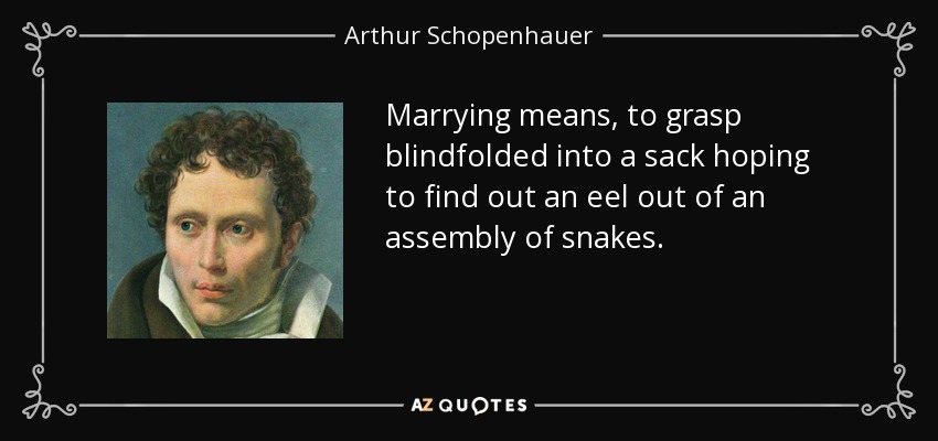 Marrying means, to grasp blindfolded into a sack hoping to find out an eel out of an assembly of snakes. - Arthur Schopenhauer