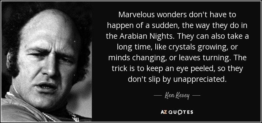 Marvelous wonders don't have to happen of a sudden, the way they do in the Arabian Nights. They can also take a long time, like crystals growing, or minds changing, or leaves turning. The trick is to keep an eye peeled, so they don't slip by unappreciated. - Ken Kesey