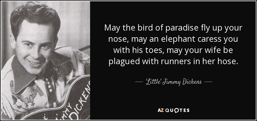 May the bird of paradise fly up your nose, may an elephant caress you with his toes, may your wife be plagued with runners in her hose. - 'Little' Jimmy Dickens