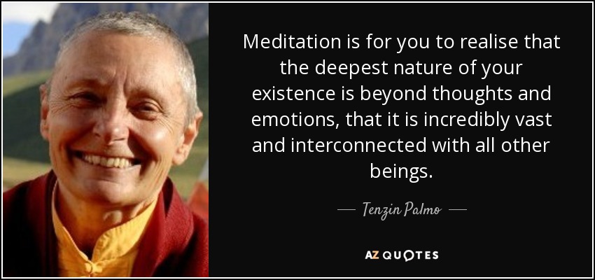 Meditation is for you to realise that the deepest nature of your existence is beyond thoughts and emotions, that it is incredibly vast and interconnected with all other beings. - Tenzin Palmo