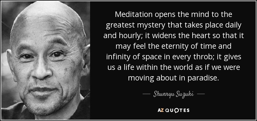 Meditation opens the mind to the greatest mystery that takes place daily and hourly; it widens the heart so that it may feel the eternity of time and infinity of space in every throb; it gives us a life within the world as if we were moving about in paradise. - Shunryu Suzuki