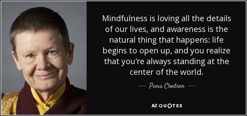 Mindfulness is loving all the details of our lives, and awareness is the natural thing that happens: life begins to open up, and you realize that you're always standing at the center of the world. - Pema Chodron