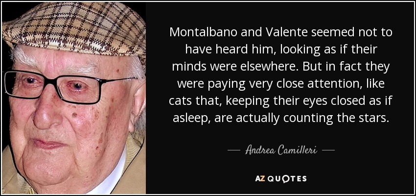 Montalbano and Valente seemed not to have heard him, looking as if their minds were elsewhere. But in fact they were paying very close attention, like cats that, keeping their eyes closed as if asleep, are actually counting the stars. - Andrea Camilleri