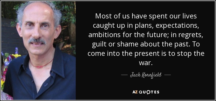Most of us have spent our lives caught up in plans, expectations, ambitions for the future; in regrets, guilt or shame about the past. To come into the present is to stop the war. - Jack Kornfield