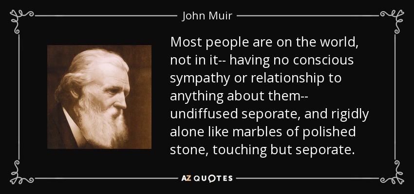 Most people are on the world, not in it-- having no conscious sympathy or relationship to anything about them-- undiffused seporate, and rigidly alone like marbles of polished stone, touching but seporate. - John Muir