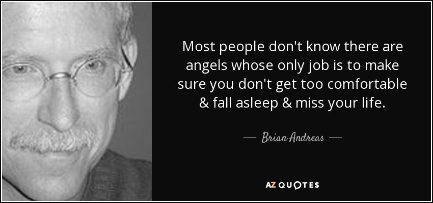 Most people don't know there are angels whose only job is to make sure you don't get too comfortable & fall asleep & miss your life. - Brian Andreas