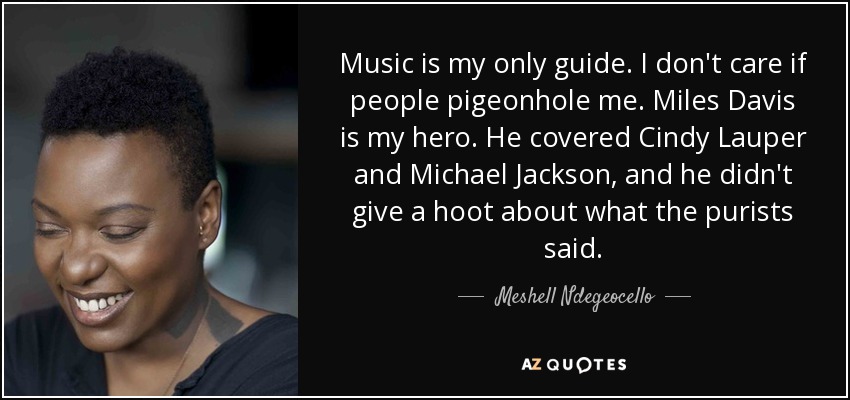 Music is my only guide. I don't care if people pigeonhole me. Miles Davis is my hero. He covered Cindy Lauper and Michael Jackson, and he didn't give a hoot about what the purists said. - Meshell Ndegeocello