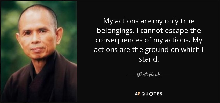 My actions are my only true belongings. I cannot escape the consequences of my actions. My actions are the ground on which I stand. - Nhat Hanh
