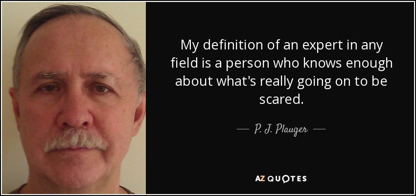 My definition of an expert in any field is a person who knows enough about what's really going on to be scared. - P. J. Plauger
