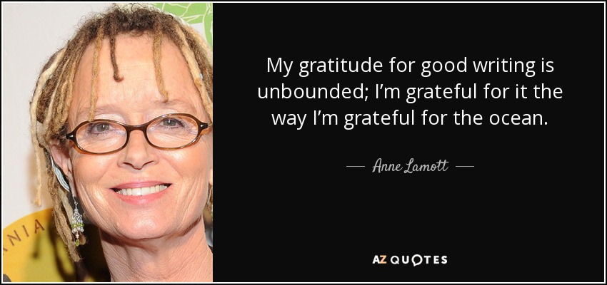 My gratitude for good writing is unbounded; I’m grateful for it the way I’m grateful for the ocean. - Anne Lamott