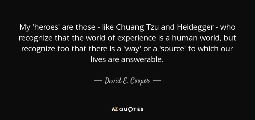My 'heroes' are those - like Chuang Tzu and Heidegger - who recognize that the world of experience is a human world, but recognize too that there is a 'way' or a 'source' to which our lives are answerable. - David E. Cooper