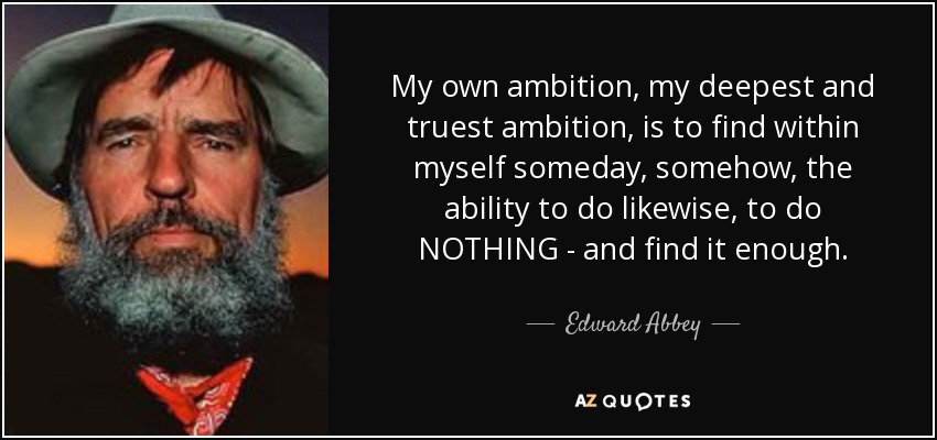 My own ambition, my deepest and truest ambition, is to find within myself someday, somehow, the ability to do likewise, to do NOTHING - and find it enough. - Edward Abbey