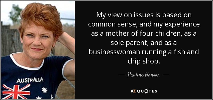 My view on issues is based on common sense, and my experience as a mother of four children, as a sole parent, and as a businesswoman running a fish and chip shop. - Pauline Hanson