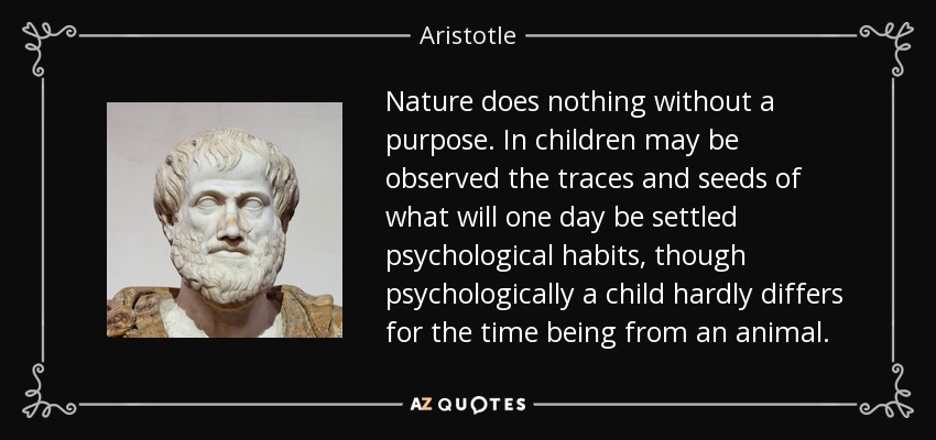 Nature does nothing without a purpose. In children may be observed the traces and seeds of what will one day be settled psychological habits, though psychologically a child hardly differs for the time being from an animal. - Aristotle