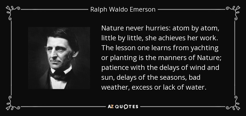 Nature never hurries: atom by atom, little by little, she achieves her work. The lesson one learns from yachting or planting is the manners of Nature; patience with the delays of wind and sun, delays of the seasons, bad weather, excess or lack of water. - Ralph Waldo Emerson
