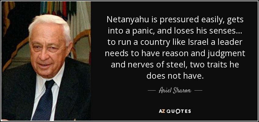 Netanyahu is pressured easily, gets into a panic, and loses his senses... to run a country like Israel a leader needs to have reason and judgment and nerves of steel, two traits he does not have. - Ariel Sharon