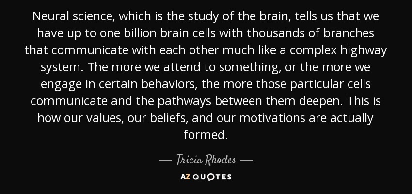 Neural science, which is the study of the brain, tells us that we have up to one billion brain cells with thousands of branches that communicate with each other much like a complex highway system. The more we attend to something, or the more we engage in certain behaviors, the more those particular cells communicate and the pathways between them deepen. This is how our values, our beliefs, and our motivations are actually formed. - Tricia Rhodes