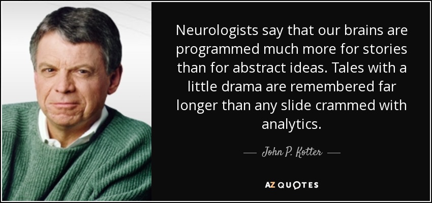 Neurologists say that our brains are programmed much more for stories than for abstract ideas. Tales with a little drama are remembered far longer than any slide crammed with analytics. - John P. Kotter