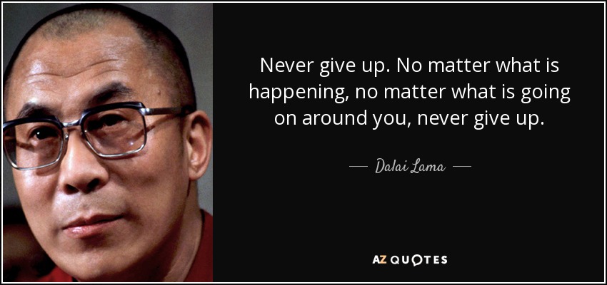 Never give up. No matter what is happening, no matter what is going on around you, never give up. - Dalai Lama