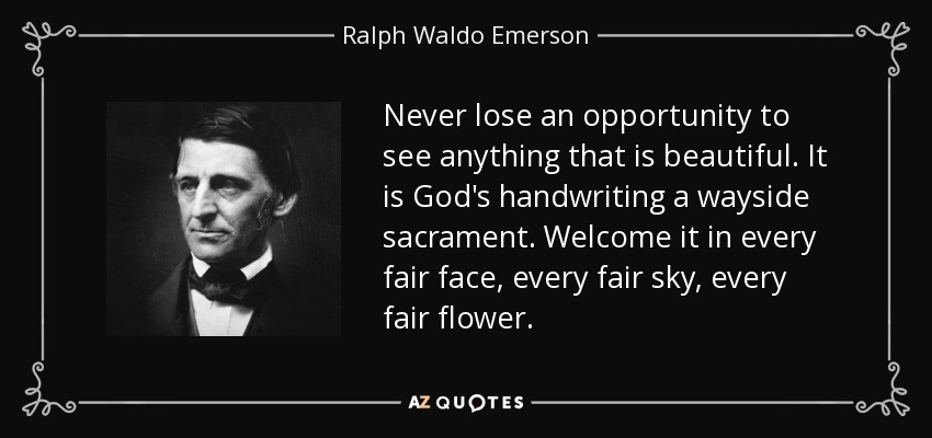 Never lose an opportunity to see anything that is beautiful. It is God's handwriting a wayside sacrament. Welcome it in every fair face, every fair sky, every fair flower. - Ralph Waldo Emerson