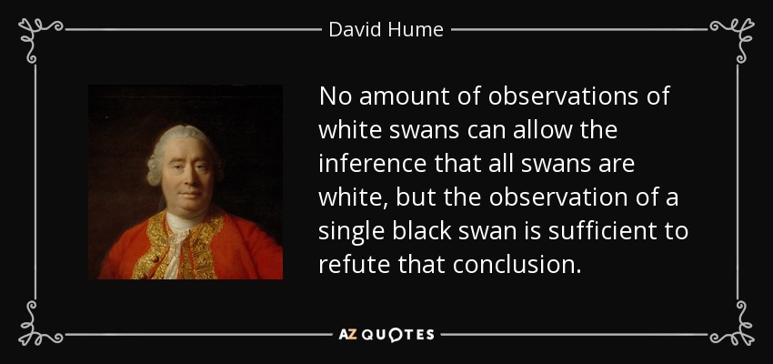 No amount of observations of white swans can allow the inference that all swans are white, but the observation of a single black swan is sufficient to refute that conclusion. - David Hume